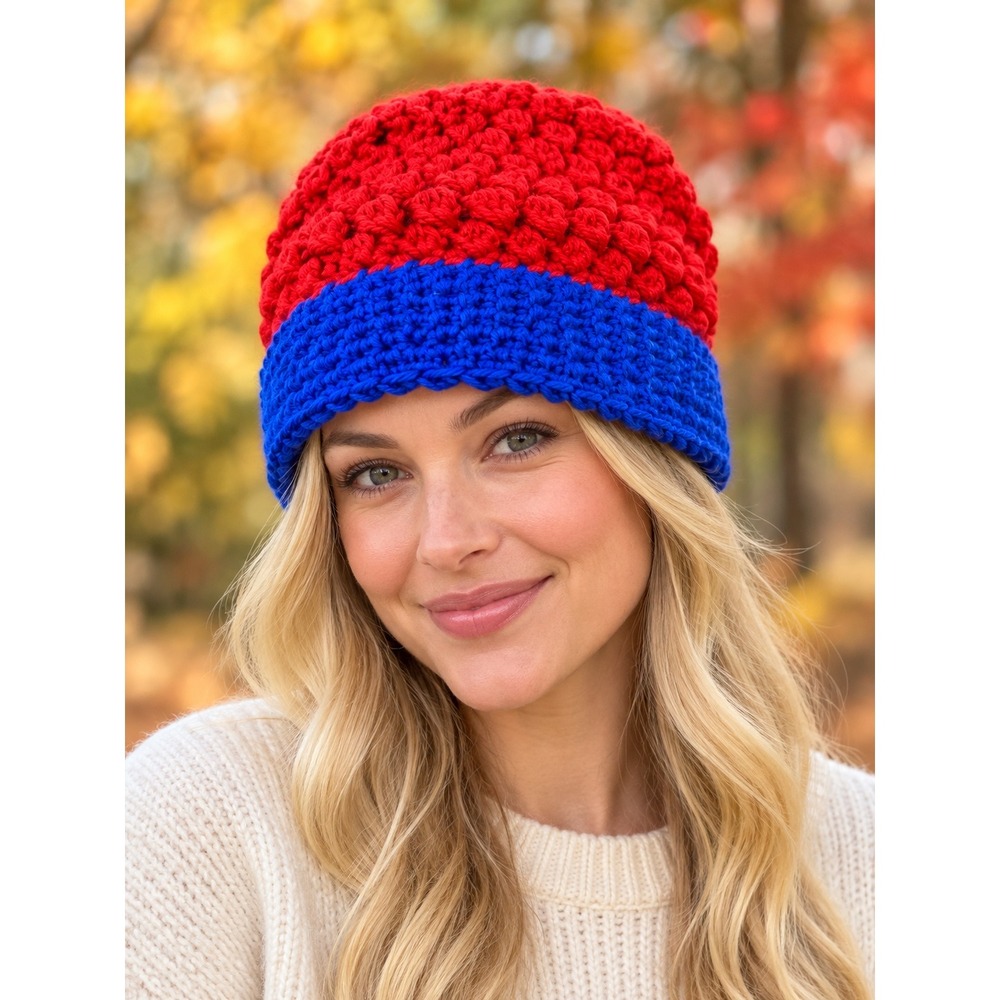 Handmade Crochet Beanie Red Blue Textured Knit Winter Hat Color Block NWOT
